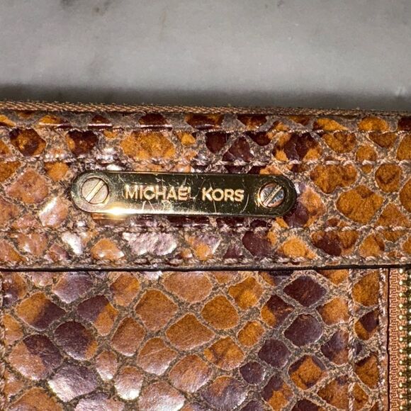 Michael Kors Wallet Leather Snake Moxley Brown Python Full Zip Continental - Picture 15 of 16
